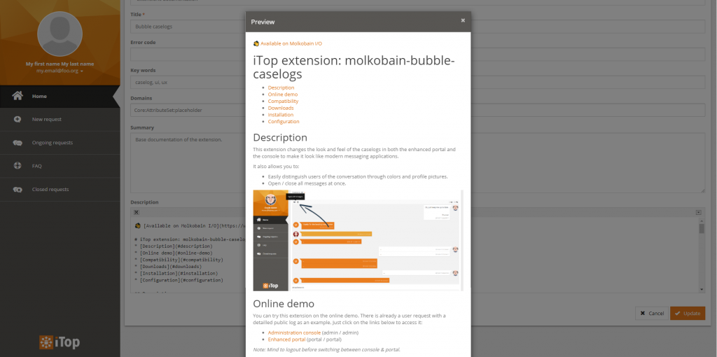 Markdown preview of the "Description" attribute in the end-users portal
